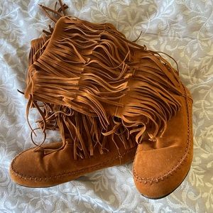 Brown fringe booties